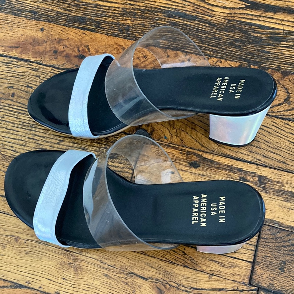 American Apparel size 8 , clear lucite and silver.